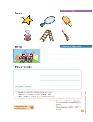 65
DISTRIBUCIÓNGRATUITA-PROHIBIDALAVENTA
•	Encierra las palabras que tienen su sonido inicial igual.
•	Forma una oración sobre la familia, escríbela y léela.
•	Dibuja y escribe los nombres de los miembros de tu familia.
Escritura con su propio código
Conciencia fonológica
•	Escribe.
•	Dibuja y escribe.
•	Encierra.
Componentes de los
ejes del aprendizaje
Dibuja tu familia
Destreza: •	Escuchar los nombres de los objetos para
discriminar e identificar los fonemas de las
palabras.
•		Escribir con su propio código descripciones
de los miembros de su familia y leerlas
en clase.
 