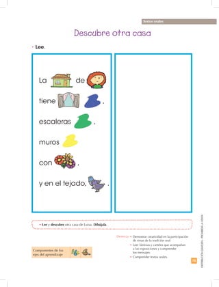 75
DISTRIBUCIÓNGRATUITA-PROHIBIDALAVENTA
•	Lee y descubre otra casa de Luisa. Dibújala.
•	Lee.
Descubre otra casa
Textos orales
Componentes de los
ejes del aprendizaje
La de
tiene ,
escaleras ,			
muros
con ,
y en el tejado, .
Destreza: •	Demostrar creatividad en la participación
de rimas de la tradición oral.
•		Leer láminas y carteles que acompañan
a las exposiciones y comprender
los mensajes.
•		Comprender textos orales.
 
