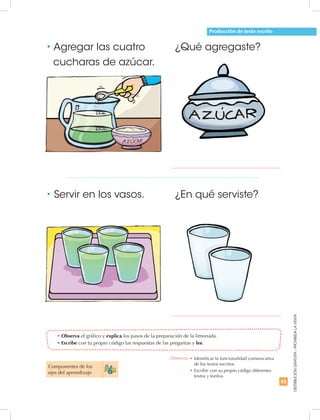 83
DISTRIBUCIÓNGRATUITA-PROHIBIDALAVENTA
•	Observa el gráfico y explica los pasos de la preparación de la limonada.
•	Escribe con tu propio código las respuestas de las preguntas y lee.
Producción de texto escrito
• Agregar las cuatro
cucharas de azúcar.
• Servir en los vasos.
¿Qué agregaste?
¿En qué serviste?
Componentes de los
ejes del aprendizaje
Destreza: •	Identificar la funcionalidad comunicativa
de los textos escritos.
•		Escribir con su propio código diferentes
textos y leerlos.
 