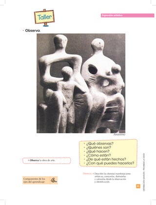 91
DISTRIBUCIÓNGRATUITA-PROHIBIDALAVENTA
•	Observa.
•	Observa la obra de arte.
•	¿Qué observas?
•	¿Quiénes son?
•	¿Qué hacen?
•	¿Cómo están?
•	¿De qué están hechos?
•	¿Con qué puedes hacerlos?
Expresión artística
Componentes de los
ejes del aprendizaje
Taller
Destreza: •		Describir las distintas manifestaciones
artísticas, conocerlas, disfrutarlas
y valorarlas desde la observación
e identificación.
Anónimo
 