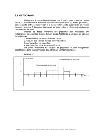 . BARBOSA, Eduardo Fernandes. Gerência da Qualidade Total na Educação. Fundação Christiano Ottoni. UFMG, Belo Horizonte.
3.6 HISTOGRAMA
Histograma é um gráfico de barras que é usado para organizar muitos
dados. O eixo horizontal mostra os valores da característica do efeito (problema),
com a região entre o maior valor e o menor valor sendo subdividido em vários
espaços menores. O tamanho das barras verticais reflete o número de dados que
caem nesses espaços.
Quando os dados referentes aos problemas são mostrados em
histogramas, os seguintes itens se tornam claros, facilitando a atividade de solução
de problemas:
1. entendimento da distribuição dos dados.
2. cálculos dos valores médios e desvio padrão.
3. comparações com padrões.
4. comparações entre itens estratificados.
Um ponto importante na solução de problemas é criar histogramas
estratificados para descobrir áreas de problema e verificar resultados.
FORMATO
15
10
5
N. de pessoas
1 2 3 4 5 6 7 8 9 10 NOTAS
Acima da média de aprovação
Abaixo da média de aprovação
 