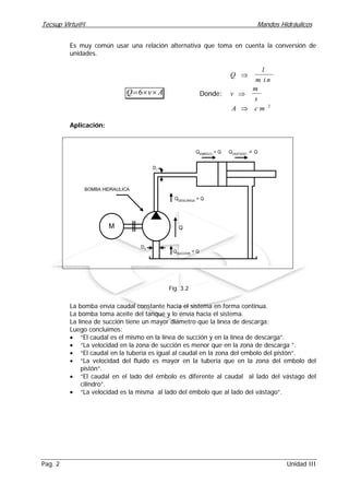 Tecsup Virtu@l Mandos Hidráulicos
Pag. 2 Unidad III
Es muy común usar una relación alternativa que toma en cuenta la conversión de
unidades.
Q v A= × ×6 Donde:
Q
l
m i n
v
m
s
A c m
⇒
⇒
⇒ 2
Aplicación:
M
BOMBA HIDRAULICA
Q
D1
D0
QSUCCION
= Q
QDESCARGA
= Q
QEMBOLO
= Q QVASTAGO
Q≠
Fig. 3.2
La bomba envía caudal constante hacia el sistema en forma continua.
La bomba toma aceite del tanque y lo envía hacia el sistema.
La línea de succión tiene un mayor diámetro que la línea de descarga:
Luego concluimos:
• “El caudal es el mismo en la línea de succión y en la línea de descarga”.
• “La velocidad en la zona de succión es menor que en la zona de descarga ”.
• “El caudal en la tubería es igual al caudal en la zona del embolo del pistón”.
• “La velocidad del fluido es mayor en la tubería que en la zona del embolo del
pistón”.
• “El caudal en el lado del émbolo es diferente al caudal al lado del vástago del
cilindro”.
• “La velocidad es la misma al lado del émbolo que al lado del vástago”.
 