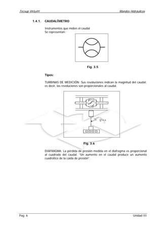 Tecsup Virtu@l Mandos Hidráulicos
Pag. 6 Unidad III
1.4.1. CAUDALÍMETRO
Instrumentos que miden el caudal
Se representan:
Fig. 3.5
Tipos:
TURBINAS DE MEDICIÓN: Sus revoluciones indican la magnitud del caudal;
es decir, las revoluciones son proporcionales al caudal.
5 4 03
n≈Q
Fig. 3.6
DIAFRAGMA: La pérdida de presión medida en el diafragma es proporcional
al cuadrado del caudal. “Un aumento en el caudal produce un aumento
cuadrático de la caida de presión”.
 