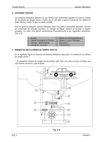 Tecsup Virtu@l Mandos Hidráulicos
Pag. 3 Unidad V
4. SISTEMAS TÍPICOS
Los sistemas hidráulicos abiertos en sus formas más elementales pueden ser para el mando
de un cilindro de simple efecto o motor de un solo giro y para el mando de un cilindro de
doble efecto o motor de giro en doble sentido.
Pero en general cualquier sistema hidráulico tiene tres partes claramente definidas: sistema
de conversión de energía mecánica en energía de fluido; control de presión y caudal,
actuador. En estas tres partes encontramos frecuentemente a los siguientes elementos:
(Fig. 5.4)
1. Bomba 5. Válvula de estrangulamiento
2. Válvula limitadora de Presión 6. Cilindro o motor hidráulico
3. Válvulas distribuidoras 7. Accesorios
4. Válvula de retención 8. Instrumentos.
5. MANDO DE UN CILINDRO DE SIMPLE EFECTO
En la siguiente figura se muestra un sistema hidráulico típico para el mando de un cilindro
de simple efecto *
* Se denomina cilindro de simple efecto porque solo tiene una sola via para el fluido, por
esta misma vía entra o sale el fluido.
1
8
4
7
2
3
4
6
5
Fig. 5.4
 