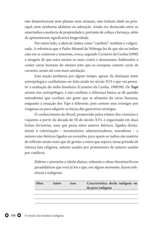 O ensino da temática indígena186
não domesticavam nem plantas nem animais, não tinham chefe ou prin-
cipal, nem nenhuma idolatria ou adoração. Ainda era destacada entre os
ameríndios a ausência de propriedade e, portanto de cobiça e herança, além
de apresentarem significativa longevidade.
Por outro lado, a ideia de índios como “canibais” também é vulgari-
zada. A referência que o Padre Manoel da Nóbrega faz de que são os índios
cães em se comerem e matarem, evoca, segundo Carneiro da Cunha (1990)
a imagem de que estes seriam os mais cruéis e desumanos, habituados a
comer carne humana do mesmo jeito que os europeus comem carne de
carneiro, senão até com mais satisfação.
Esta noção perdurou por algum tempo, apesar da distinção entre
antropofagia e canibalismo ser feita ainda no século XVI e que vai permi-
tir a exaltação do índio brasileiro (Carneiro da Cunha, 1990:99). Os Tupi
seriam sim antropófagos, e não canibais; a diferença básica se dá quando
entendemos que canibais são gente que se alimenta da carne humana,
enquanto a situação dos Tupi é diferente, pois comem seus inimigos por
vingança ou para adquirir as forças dos guerreiros inimigos.
O conhecimento do Brasil, promovido pelos relatos dos cronistas e
viajantes a partir da década de 50 do século XVI, é organizado em duas
linhas divisórias: uma que passa entre autores ibéricos, ligados direta-
mente à colonização – missionários, administradores, moradores – e
autores não ibéricos ligados ao escambo, para quem os índios são matéria
de reflexão muito mais que de gestão; a outra que separa, nesse período de
intensa luta religiosa, autores usados por protestantes de autores usados
por católicos.
Elabore e preencha a tabela abaixo, referente a obras literárias/livros
paradidáticos que você já leu e que, em algum momento, fazem refe-
rência a indígenas.
Obra Autor Ano Característica do/da indígena ou
do povo indígena
 
