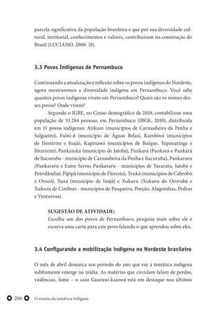 O ensino da temática indígena206
parcela significativa da população brasileira e que por sua diversidade cul-
tural, territorial, conhecimentos e valores, contribuíram na construção do
Brasil (LUCIANO, 2006: 18).
3.3 Povos Indígenas de Pernambuco
Continuando a atualização e reflexão sobre os povos indígenas do Nordeste,
agora mostraremos a diversidade indígena em Pernambuco. Você sabe
quantos povos indígenas vivem em Pernambuco? Quais são os nomes des-
ses povos? Onde vivem?
Segundo o IGBE, no Censo demográfico de 2010, contabilizou uma
população de 53.284 pessoas, em Pernambuco (IBGE, 2010), distribuída
em 11 povos indígenas: Atikum (municípios de Carnaubeira da Penha e
Salgueiro), Fulni-ô (município de Águas Belas), Kambiwá (municípios
de Ibimirim e Inajá), Kapinawá (municípios de Buíque, Tupanatinga e
Ibimirim), Pankaiuká (município de Jatobá), Pankará (Pankará e Pankará
de Itacuruba - município de Carnaubeira da Penha e Itacuruba), Pankararu
(Pankararu e Entre Serras Pankararu - municípios de Tacaratu, Jatobá e
Petrolândia), Pipipã (município de Floresta), Truká (municípios de Cabrobó
e Orocó), Tuxá (município de Inajá) e Xukuru (Xukuru do Ororubá e
Xukuru de Cimbres - municípios de Pesqueira, Porção, Alagoinhas, Pedras
e Venturosa).
SUGESTÃO DE ATIVIDADE:
Escolha um dos povos de Pernambuco, pesquise mais sobre ele e
escreva uma carta para este povo falando o que aprendeu sobre eles.
3.4 Configurando a mobilização indígena no Nordeste brasileiro
O mês de abril demarca um período do ano que em a temática indígena
subitamente emerge na mídia. As matérias que circulam falam de perdas,
violências, fome – o caso Guarani-kaiowá está em destaque nos últimos
 