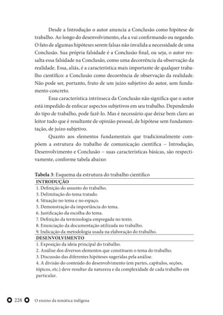 O ensino da temática indígena228
Desde a Introdução o autor anuncia a Conclusão como hipótese de
trabalho. Ao longo do desenvolvimento, ela a vai confirmando ou negando.
O fato de algumas hipóteses serem falsas não invalida a necessidade de uma
Conclusão. Sua própria falsidade é a Conclusão final, ou seja, o autor res-
salta essa falsidade na Conclusão, como uma decorrência da observação da
realidade. Essa, aliás, é a característica mais importante de qualquer traba-
lho científico: a Conclusão como decorrência de observação da realidade.
Não pode ser, portanto, fruto de um juízo subjetivo do autor, sem funda-
mento concreto.
Essa característica intrínseca da Conclusão não significa que o autor
está impedido de enfocar aspectos subjetivos em seu trabalho. Dependendo
do tipo de trabalho, pode fazê-lo. Mas é necessário que deixe bem claro ao
leitor tudo que é resultante de opinião pessoal, de hipótese sem fundamen-
tação, de juízo subjetivo.
Quanto aos elementos fundamentais que tradicionalmente com-
põem a estrutura do trabalho de comunicação científica − Introdução,
Desenvolvimento e Conclusão − suas características básicas, são respecti-
vamente, conforme tabela abaixo:
Tabela 3: Esquema da estrutura do trabalho científico
INTRODUÇÃO
1. Definição do assunto do trabalho.
3. Delimitação do tema tratado.
4. Situação no tema e no espaço.
5. Demonstração da importância do tema.
6. Justificação da escolha do tema.
7. Definição da terminologia empregada no texto.
8. Enunciação da documentação utilizada no trabalho.
9. Indicação da metodologia usada na elaboração do trabalho.
DESENVOLVIMENTO
1. Exposição da ideia principal do trabalho.
2. Análise dos diversos elementos que constituem o tema do trabalho.
3. Discussão das diferentes hipóteses sugeridas pela análise.
4. A divisão do conteúdo do desenvolvimento (em partes, capítulos, seções,
tópicos, etc.) deve resultar da natureza e da complexidade de cada trabalho em
particular.
 