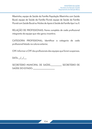 MINISTÉRIO DA SAÚDE
                                                     Secretaria de Atenção à Saúde
                                                   Departamento de Atenção Básica



Ribeirinha, equipe de Saúde da Família População Ribeirinha com Saúde
Bucal, equipe de Saúde da Família Fluvial, equipe de Saúde da Família
Fluvial com Saúde Bucal ou Núcleo de Apoio à Saúde da Família tipo I ou II.

RELAÇÃO DE PROFISSIONAIS: Nome completo de cada profissional
integrante da equipe que não gerou incentivo.

CATEGORIA PROFISSIONAL: Identificar a categoria de cada
profissional listado na coluna anterior.

CPF: Informar o CPF dos profissionais das equipes que foram suspensas.

DATA: ___/___/_____

SECRETÁRIO MUNICIPAL DE SAÚDE:____________________ SECRETÁRIO DE
SAÚDE DO ESTADO: _______________________________________




                                   104
 