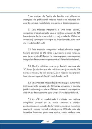 Política Nacional de Atenção Básica




	 3 As equipes de Saúde da Família com diferentes
inserções do profissional médico receberão recursos de
acordo com sua modalidade e segundo a descrição abaixo:

	 3.1 Dois médicos integrados a uma única equipe,
cumprindo individualmente carga horária semanal de 30
horas (equivalente a um médico com jornada de 40 horas
semanais), com repasse integral do financiamento para uma
eSF Modalidade I ou II.

	 3.2 Três médicos cumprindo individualmente carga
horária semanal de 30 horas (equivalente a dois médicos
com jornada de 40 horas, de duas equipes), com repasse
integral do financiamento para duas eSF Modalidade I ou II.

	 3.3 Quatro médicos com carga horária semanal de
30 horas (equivalente a três médicos com jornada de 40
horas semanais, de três equipes), com repasse integral do
financiamento para três eSF Modalidade I ou II.

	    3.4 Dois médicos integrados a uma equipe, cumprindo
individualmente jornada de 20 horas semanais, e demais
profissionais com jornada de 40 horas semanais, com repasse
de 85% do financiamento para uma eSF Modalidade I ou II.

	 3.5 As eSF na modalidade transitória: um médico
cumprindo jornada de 20 horas semanais e demais
profissionais com jornada de 40 horas semanais, o município
receberá repasse mensal equivalente a 60% do valor do
incentivo financeiro para uma equipe, sendo vedada sua


                        89
 