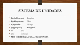 SISTEMA DE UNIDADES
• Km(kilómetro) Longitud
• Kg(kilogramo) Masa
• s(segundo) Tiempo
• plg(pulgada) Longitud
• m2 area
• cm3 volumen
• MKS (METRO,KILOGRAMO,SEGUNDO)
Descargado por camilo amaral (camiloamaral77@gmial.com)
lOMoARcPSD|16008682
 