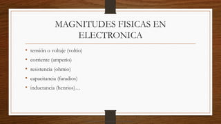 MAGNITUDES FISICAS EN
ELECTRONICA
• tensión o voltaje (voltio)
• corriente (amperio)
• resistencia (ohmio)
• capacitancia (faradios)
• inductancia (henrios)…
Descargado por camilo amaral (camiloamaral77@gmial.com)
lOMoARcPSD|16008682
 