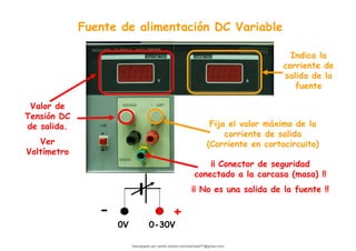 Fuente de alimentación DC Variable
0V
¡¡ Conector de seguridad
conectado a la carcasa (masa) !!
¡¡ No es una salida de la fuente !!
+
-
Valor de
Tensión DC
de salida.
Ver
Voltímetro
Fija el valor máximo de la
corriente de salida
(Corriente en cortocircuito)
Indica la
corriente de
salida de la
fuente
0-30V
Descargado por camilo amaral (camiloamaral77@gmial.com)
lOMoARcPSD|16008682
 