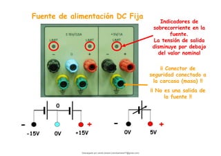 -15V
+
-
0
0V +15V
Fuente de alimentación DC Fija
0V
+
-
5V
Indicadores de
sobrecorriente en la
fuente.
La tensión de salida
disminuye por debajo
del valor nominal
¡¡ Conector de
seguridad conectado a
la carcasa (masa) !!
¡¡ No es una salida de
la fuente !!
Descargado por camilo amaral (camiloamaral77@gmial.com)
lOMoARcPSD|16008682
 
