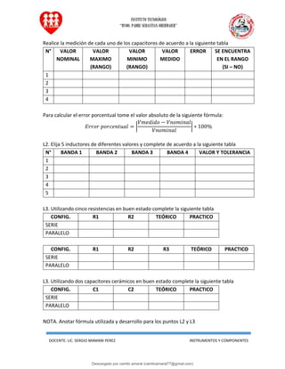 INSTITUTO TECNOLÓGICO
“RVDO. PADRE SEBASTIAN OBERMAIER”
DOCENTE: LIC. SERGIO MAMANI PEREZ INSTRUMENTOS Y COMPONENTES
Realice la medición de cada uno de los capacitores de acuerdo a la siguiente tabla
N° VALOR
NOMINAL
VALOR
MAXIMO
(RANGO)
VALOR
MINIMO
(RANGO)
VALOR
MEDIDO
ERROR SE ENCUENTRA
EN EL RANGO
(SI – NO)
1
2
3
4
Para calcular el error porcentual tome el valor absoluto de la siguiente fórmula:
𝐸𝑟𝑟𝑜𝑟 𝑝𝑜𝑟𝑐𝑒𝑛𝑡𝑢𝑎𝑙 = |
𝑉𝑚𝑒𝑑𝑖𝑑𝑜 − 𝑉𝑛𝑜𝑚𝑖𝑛𝑎𝑙
𝑉𝑛𝑜𝑚𝑖𝑛𝑎𝑙
| ∗ 100%
L2. Elija 5 inductores de diferentes valores y complete de acuerdo a la siguiente tabla
N° BANDA 1 BANDA 2 BANDA 3 BANDA 4 VALOR Y TOLERANCIA
1
2
3
4
5
L3. Utilizando cinco resistencias en buen estado complete la siguiente tabla
CONFIG. R1 R2 TEÓRICO PRACTICO
SERIE
PARALELO
CONFIG. R1 R2 R3 TEÓRICO PRACTICO
SERIE
PARALELO
L3. Utilizando dos capacitores cerámicos en buen estado complete la siguiente tabla
CONFIG. C1 C2 TEÓRICO PRACTICO
SERIE
PARALELO
NOTA. Anotar fórmula utilizada y desarrollo para los puntos L2 y L3
Descargado por camilo amaral (camiloamaral77@gmial.com)
lOMoARcPSD|16008682
 