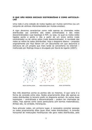 O QUE SÃO REDES SOCIAIS DISTRIBUÍDAS E COMO ARTICULÁ-
LAS

Uma rede é uma coleção de nodos ligados por muitos caminhos (ou um
conjunto de vértices interconectados por muitas arestas).

A rigor devemos caracterizar como rede apenas as chamadas redes
distribuídas (ao contrário das redes centralizadas e das redes
descentralizadas) cuja topologia é P2P, ou seja, na qual os nodos estão
ligados ponto a ponto e não a partir de um único centro (rede
centralizada) ou de vários pólos (rede descentralizada). A novidade das
redes se refere às redes distribuídas. Veja o diagrama abaixo – proposto
originalmente por Paul Baran em um documento em que descrevia a
estrutura de um projeto que mais tarde se converteria na Internet –
melhorado por Rodrigo Araya e divulgado por David de Ugarte (2007):




          REDE CENTRALIZADA   REDE DESCENTRALIZADA   REDE DISTRIBUÍDA




Nos três desenhos acima os pontos são os mesmos. O que varia é a
forma de conexão entre eles. Redes propriamente ditas são apenas as
redes distribuídas (o terceiro grafo no diagrama acima). As outras duas
topologias – centralizada e descentralizada – podem ser chamadas de
redes, mas apenas como casos particulares (em termos matemáticos).
Ambas são, na verdade, hierarquias.

Para articular redes, em primeiro lugar, é necessário conectar pessoas
ou redes propriamente ditas (quer dizer redes distribuídas). A conexão
horizontal de instituições hierárquicas não gera redes distribuídas, pela


                                      1
 