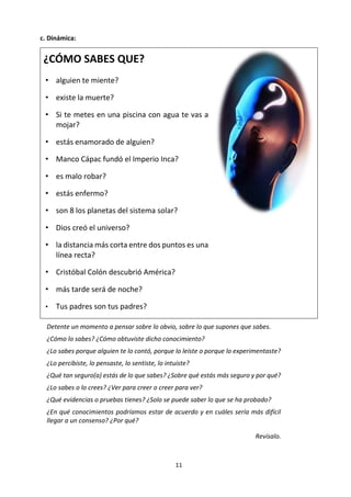 11
c. Dinámica:
¿CÓMO SABES QUE?
• alguien te miente?
• existe la muerte?
• Si te metes en una piscina con agua te vas a
mojar?
• estás enamorado de alguien?
• Manco Cápac fundó el Imperio Inca?
• es malo robar?
• estás enfermo?
• son 8 los planetas del sistema solar?
• Dios creó el universo?
• la distancia más corta entre dos puntos es una
línea recta?
• Cristóbal Colón descubrió América?
• más tarde será de noche?
• Tus padres son tus padres?
Detente un momento a pensar sobre lo obvio, sobre lo que supones que sabes.
¿Cómo lo sabes? ¿Cómo obtuviste dicho conocimiento?
¿Lo sabes porque alguien te lo contó, porque lo leíste o porque lo experimentaste?
¿Lo percibiste, lo pensaste, lo sentiste, lo intuiste?
¿Qué tan seguro(a) estás de lo que sabes? ¿Sobre qué estás más seguro y por qué?
¿Lo sabes o lo crees? ¿Ver para creer o creer para ver?
¿Qué evidencias o pruebas tienes? ¿Solo se puede saber lo que se ha probado?
¿Lo sabes solo tú? ¿Quiénes más lo saben? ¿En qué conocimientos podríamos estar
de acuerdo y en cuáles sería más difícil llegar a un consenso? ¿Por qué?
Revísalo.
 