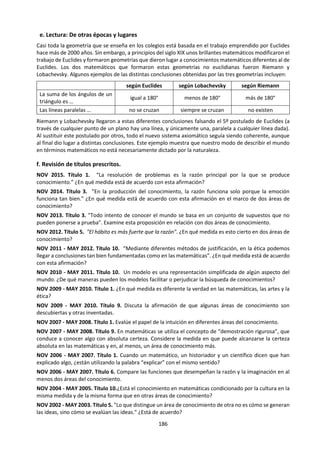 186
a. MARCO DE CONOCIMIENTO
Alcances
Aplicaciones
• el estudio del pasado registrado
• nos ayuda a entender el presente
• conocimiento compartido por un grupo para ayudar a producir un sentido de
patrimonio común
• tal vez nos permite, de manera limitada, imaginar futuros posibles
Lenguaje
• estilo narrativo apropiado para el propósito de entender el pasado
• diseñado para entender tal vez a nivel emocional, en lugar de a nivel
estrictamente objetivo
Metodología
• uso de documentos contemporáneos como puntos fijos en la teoría histórica
• la teoría histórica se construye a partir de las pruebas disponibles utilizando la
razón y la imaginación
• cuestiones de selección e interpretación de las fuentes
• cuestiones de fiabilidad de los relatos originales (la memoria y la observación
están afectadas por los intereses y las expectativas)
• la historia parece presuponer una teoría de la acción humana, por ejemplo, la
idea de que las acciones de los individuos dan forma a la historia, a diferencia
de la idea de la historia como el desarrollo de conflictos de clase o del zeitgeist
• una explicación en historia es una teoría plausible que explica el material
pertinente de las fuentes y concuerda con otras teorías aceptadas
Desarrollo
Histórico
• las preocupaciones actuales tienden a afectar el estudio de acontecimientos
pasados
• la historia en sí misma era diferente en el pasado
Vínculos con el
conocimiento
personal
• entender nuestra propia historia nos da un sentido claro de identidad personal
• la historia tiende a estar construida mediante la interacción de historiadores
individuales (se pone menos énfasis en el trabajo colaborativo que en las
ciencias naturales)
¿Es posible que un texto histórico esté libre de puntos de vista?
¿Cómo evalúa el historiador la fiabilidad de sus fuentes?
Preguntas de
Conocimiento
¿Cómo podemos estimar la medida en que la historia está relatada desde una
determinada perspectiva cultural o nacional?
¿Cuál es la relación entre el estilo del lenguaje utilizado y la historia escrita?
¿Qué constituye un hecho en historia?
¿Cómo se pueden evaluar los relatos históricos?
¿En qué se diferencia un buen relato histórico de uno peor?
E j e m p l o s d e p o s i b l e s t e m a s d e e s t u d i o
Fiabilidad de
las fuentes
La objetividad
en la historia
La relación entre la
historia y las ciencias
humanas
Progreso y
patrones en la
historia
“Procuremos más ser padres de nuestro porvenir que hijos de nuestro pasado”.
Miguel de Unamuno
“Incluso el pasado puede modificarse; los historiadores no paran de demostrarlo”.
Jean Paul Sartre
 