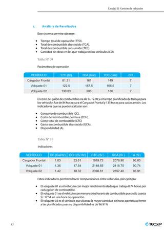 Unidad II: Gestión de vehículos
17 Profesionales en Ingeniería
c.	 Análisis de Resultados
Este sistema permite obtener:
•	 Tiempo total de operación (TTO).
•	 Total de combustible abastecido (TCA).
•	 Total de combustible consumido (TCC).
•	 Cantidad de obras en las que trabajaron los vehículos (CO).
Tabla N° 09
Parámetros de operación
VEHÍCULO TTO (hr) TCA (Gal) TCC (Gal) CO
Cargador Frontal 81.31 161 149 7
Volquete 01 122.5 187.5 166.5 7
Volquete 02 130.83 206 186 7
El costo del galón de combustible era de S/. 12.90 y el tiempo planificado de trabajo para
los vehículos fue de 84 horas para el Cargador Frontal y 135 horas para cada camión. Los
indicadores que se pueden calcular son:
•	 Consumo de combustible (CC).
•	 Costo del combustible por hora (CCH).
•	 Costo total de combustible (CTC)
•	 Gasto en combustible abastecido (GCA).
•	 Disponibilidad (A).
Tabla N° 10
Indicadores
VEHÍCULO CC (Gal/hr) CCH (S/./hr) CTC (S/.) GCA (S/.) A (%)
Cargador Frontal 1.83 23.61 1919.73 2076.90 96.80
Volquete 01 1.36 17.54 2148.65 2418.75 90.74
Volquete 02 1.42 18.32 2396.81 2657.40 96.91
Estos indicadores permiten hacer comparaciones entre vehículos, por ejemplo:
•	 El volquete 01 es el vehículo con mejor rendimiento dado que trabaja 0.74 horas por
cada galón de combustible.
•	 El volquete 01 es el vehículo con menor costo horario de combustible pues sólo cuesta
S/. 17.54 en una hora de operación.
•	 El volquete 02 es el vehículo que alcanza la mayor cantidad de horas operativas frente
a las planificadas pues su disponibilidad es de 96.91%
 