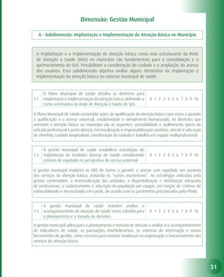 Dimensão: Gestão Municipal

   A - Subdimensão: Implantação e Implementação da Atenção Básica no Município



 A implantação e a implementação da atenção básica como eixo estruturante da Rede
 de Atenção à Saúde (RAS) no município são fundamentais para a consolidação e o
 aprimoramento do SUS. Possibilitam a coordenação do cuidado e a ampliação do acesso
 dos usuários. Essa subdimensão objetiva avaliar alguns elementos da implantação e
 implementação da atenção básica no sistema municipal de saúde.


      O Plano Municipal de Saúde detalha as diretrizes para
1.1   implantação e implementação da atenção básica, definindo-a         0 1 2 3 4 5 6 7 8 9 10
      como orientadora da Rede de Atenção à Saúde do SUS.

O Plano Municipal de Saúde contempla ações de qualificação da atenção básica com vistas a garantir
a qualificação e o acesso universal, resolutividade e atendimento humanizado. As diretrizes que
orientam a atenção básica no município são as seguintes: acessibilidade e acolhimento (porta de
entrada preferencial e porta aberta); territorialização e responsabilização sanitária; vínculo e adscrição
de clientela; cuidado longitudinal; coordenação do cuidado e trabalho em equipe multiprofissional.


      A gestão municipal de saúde estabelece estratégias de
1.2   implantação de Unidades Básicas de Saúde considerando              0 1 2 3 4 5 6 7 8 9 10
      critérios de equidade na perspectiva do acesso universal.

A gestão municipal implanta as UBS de forma a garantir o acesso com equidade aos usuários
dos serviços da atenção básica, evitando os “vazios assistenciais”. As estratégias utilizadas pela
gestão contemplam: a territorialização das unidades, a disponibilização e distribuição adequada
de profissionais, o cadastramento e adscrição da população por equipe, em função de critérios de
vulnerabilidade e necessidades em saúde, de acordo com os parâmetros preconizados pela PNAB.


      A gestão municipal de saúde mantém análise e
1.3   acompanhamento da situação de saúde como subsídio para             0 1 2 3 4 5 6 7 8 9 10
      o planejamento e a tomada de decisões.

A gestão municipal utiliza para o planejamento e tomada de decisão a análise e o acompanhamento
de indicadores de saúde, as pactuações interfederativas, os sistemas de informação e outras
ferramentas de gestão, como recursos para orientar mudanças na organização e funcionamento dos
serviços de atenção básica.




                                                                                                             31
 