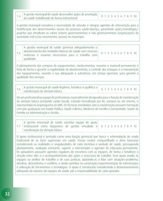 A gestão municipal de saúde desenvolve ações de promoção
     1.4                                                                   0 1 2 3 4 5 6 7 8 9 10
           da saúde trabalhando de forma intersetorial.

     A gestão municipal considera a necessidade de articular e integrar agendas de intervenção para a
     modificação dos determinantes sociais do processo saúde–doença, garantindo ações/estratégias/
     projetos que envolvam os vários setores governamentais e não governamentais (organizações da
     sociedade civil e/ou movimentos sociais) no município.


           A gestão municipal de saúde gerencia adequadamente o
           abastecimento das Unidades Básicas de Saúde com recursos
     1.5                                                                   0 1 2 3 4 5 6 7 8 9 10
           materiais e insumos necessários para o trabalho com
           qualidade.

     O planejamento das compras de equipamentos, medicamentos, insumos e material permanente é
     feito de forma a garantir a regularidade do abastecimento, o controle dos estoques e a manutenção
     dos equipamentos, visando a sua adequação e suficiência, em tempo oportuno, para garantir a
     qualidade dos serviços.


           A gestão municipal de saúde legitima, fortalece e qualifica a
     1.6                                                                   0 1 2 3 4 5 6 7 8 9 10
           coordenação da atenção básica.

     Há um profissional ou equipe de profissionais especialmente designados para a função de coordenação
     da atenção básica (incluindo saúde bucal), estando formalizada por lei, portaria ou ato interno, e
     representada no organograma da SMS. Os técnicos envolvidos com a coordenação possuem formação
     com pós-graduação em Saúde Pública, Saúde Coletiva, Medicina de Família e Comunidade, Saúde da
     Família ou Administração e Gestão.


           A gestão municipal de saúde constitui equipe de apoio
     1.7   institucional como dispositivo de gestão vinculado à            0 1 2 3 4 5 6 7 8 9 10
           coordenação da atenção básica.

     O apoio institucional é pensado como uma função gerencial que busca a reformulação do modo
     tradicional de se fazer supervisão em saúde. Possui caráter compartilhado e deve funcionar
     considerando as realidades e singularidades de cada território e unidade de saúde, pressupondo
     planejamento, avaliação constante, suporte a intervenções e agendas de educação permanente.
     Os apoiadores possuem agendas regulares de encontros com as equipes, de forma a fortalecer o
     vínculo entre eles e o acompanhamento das ações e processos de trabalho. Esse apoio auxilia as
     equipes na análise do trabalho e de suas práticas, ajudando-as a lidar com situações-problema,
     desafios, desconfortos e conflitos, e ainda contribui na construção/experimentação de intervenções
     e utilização de ferramentas e tecnologias. O apoio é estruturado considerando o dimensionamento
     adequado do número de equipes de saúde sob a responsabilidade de cada apoiador.




32
 