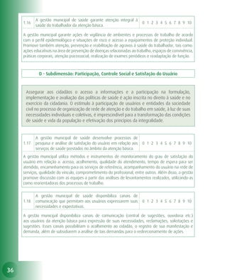 A gestão municipal de saúde garante atenção integral à
     1.16                                                                 0 1 2 3 4 5 6 7 8 9 10
            saúde do trabalhador da atenção básica.

     A gestão municipal garante ações de vigilância de ambientes e processos de trabalho de acordo
     com o perfil epidemiológico e situações de risco e acesso a equipamentos de proteção individual.
     Promove também atenção, prevenção e reabilitação de agravos à saúde do trabalhador, tais como:
     ações educativas na área de prevenção de doenças relacionadas ao trabalho, espaços de convivência,
     práticas corporais, atenção psicossocial, realização de exames periódicos e readaptação de função.



              D - Subdimensão: Participação, Controle Social e Satisfação do Usuário


      Assegurar aos cidadãos o acesso a informações e a participação na formulação,
      implementação e avaliação das políticas de saúde é ação inscrita no direito à saúde e no
      exercício da cidadania. O estímulo à participação de usuários e entidades da sociedade
      civil no processo de organização de rede de atenção e do trabalho em saúde, à luz de suas
      necessidades individuais e coletivas, é imprescindível para a transformação das condições
      de saúde e vida da população e efetivação dos princípios da integralidade.


            A gestão municipal de saúde desenvolve processos de
     1.17   pesquisa e análise de satisfação do usuário em relação aos    0 1 2 3 4 5 6 7 8 9 10
            serviços de saúde prestados no âmbito da atenção básica.
     A gestão municipal utiliza métodos e instrumentos de monitoramento do grau de satisfação do
     usuário em relação a: acesso, acolhimento, qualidade do atendimento, tempo de espera para ser
     atendido, encaminhamento para os serviços de referência, acompanhamento do usuário na rede de
     serviços, qualidade do vínculo, comprometimento do profissional, entre outros. Além disso, a gestão
     promove discussão com as equipes a partir das análises de levantamentos realizados, utilizando-as
     como reorientadoras dos processos de trabalho.


            A gestão municipal de saúde disponibiliza canais de
     1.18   comunicação que permitam aos usuários expressarem suas        0 1 2 3 4 5 6 7 8 9 10
            necessidades e expectativas.

     A gestão municipal disponibiliza canais de comunicação (central de sugestões, ouvidoria etc.)
     aos usuários da atenção básica para expressão de suas necessidades, reclamações, solicitações e
     sugestões. Esses canais possibilitam o acolhimento ao cidadão, o registro de sua manifestação e
     demanda, além de subsidiarem a análise de tais demandas para o redirecionamento de ações.




36
 