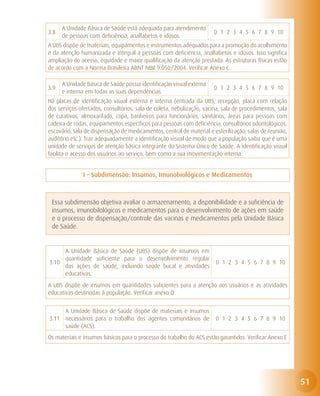A Unidade Básica de Saúde está adequada para atendimento
3.8                                                                   0 1 2 3 4 5 6 7 8 9 10
      de pessoas com deficiência, analfabetos e idosos.
A UBS dispõe de materiais, equipamentos e instrumentos adequados para a promoção do acolhimento
e da atenção humanizada e integral a pessoas com deficiência, analfabetos e idosos. Isso significa
ampliação do acesso, equidade e maior qualificação da atenção prestada. As estruturas físicas estão
de acordo com a Norma Brasileira ABNT NBR 9.050/2004. Verificar Anexo C.

      A Unidade Básica de Saúde possui identificação visual externa
3.9                                                                   0 1 2 3 4 5 6 7 8 9 10
      e interna em todas as suas dependências.
Há placas de identificação visual externa e interna (entrada da UBS, recepção, placa com relação
dos serviços ofertados, consultórios, sala de coleta, nebulização, vacina, sala de procedimentos, sala
de curativos, almoxarifado, copa, banheiros para funcionários, sanitários, áreas para pessoas com
cadeira de rodas, equipamentos específicos para pessoas com deficiência, consultórios odontológicos,
escovário, sala de dispensação de medicamentos, central de material e esterilização, salas de reunião,
auditório etc.). Traz adequadamente a identificação visual de modo que a população saiba que é uma
unidade de serviços de atenção básica integrante do Sistema Único de Saúde. A identificação visual
facilita o acesso dos usuários ao serviço, bem como a sua movimentação interna.


               I – Subdimensão: Insumos, Imunobiológicos e Medicamentos



 Essa subdimensão objetiva avaliar o armazenamento, a disponibilidade e a suficiência de
 insumos, imunobilológicos e medicamentos para o desenvolvimento de ações em saúde
 e o processo de dispensação/controle das vacinas e medicamentos pela Unidade Básica
 de Saúde.


     A Unidade Básica de Saúde (UBS) dispõe de insumos em
     quantidade suficiente para o desenvolvimento regular
3.10                                                                   0 1 2 3 4 5 6 7 8 9 10
     das ações de saúde, incluindo saúde bucal e atividades
     educativas.
A UBS dispõe de insumos em quantidades suficientes para a atenção aos usuários e as atividades
educativas destinadas à população. Verificar anexo D.


     A Unidade Básica de Saúde dispõe de materiais e insumos
3.11 necessários para o trabalho dos agentes comunitários de           0 1 2 3 4 5 6 7 8 9 10
     saúde (ACS).
Os materiais e insumos básicos para o processo de trabalho do ACS estão garantidos. Verificar Anexo E




                                                                                                         51
 
