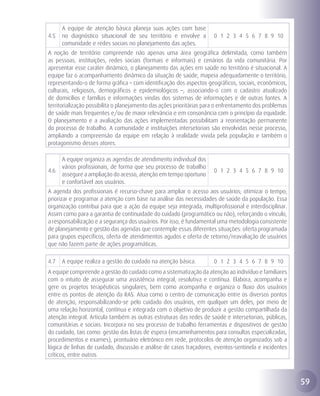 A equipe de atenção básica planeja suas ações com base
4.5   no diagnóstico situacional de seu território e envolve a        0 1 2 3 4 5 6 7 8 9 10
      comunidade e redes sociais no planejamento das ações.
A noção de território compreende não apenas uma área geográfica delimitada, como também
as pessoas, instituições, redes sociais (formais e informais) e cenários da vida comunitária. Por
apresentar esse caráter dinâmico, o planejamento das ações em saúde no território é situacional. A
equipe faz o acompanhamento dinâmico da situação de saúde, mapeia adequadamente o território,
representando-o de forma gráfica – com identificação dos aspectos geográficos, sociais, econômicos,
culturais, religiosos, demográficos e epidemiológicos –, associando-o com o cadastro atualizado
de domicílios e famílias e informações vindas dos sistemas de informações e de outras fontes. A
territorialização possibilita o planejamento das ações prioritárias para o enfrentamento dos problemas
de saúde mais frequentes e/ou de maior relevância e em consonância com o princípio da equidade.
O planejamento e a avaliação das ações implementadas possibilitam a reorientação permanente
do processo de trabalho. A comunidade e instituições intersetoriais são envolvidas nesse processo,
ampliando a compreensão da equipe em relação à realidade vivida pela população e também o
protagonismo desses atores.

      A equipe organiza as agendas de atendimento individual dos
      vários profissionais, de forma que seu processo de trabalho
4.6                                                                   0 1 2 3 4 5 6 7 8 9 10
      assegure a ampliação do acesso, atenção em tempo oportuno
      e confortável aos usuários.
A agenda dos profissionais é recurso-chave para ampliar o acesso aos usuários; otimizar o tempo;
priorizar e programar a atenção com base na análise das necessidades de saúde da população. Essa
organização contribui para que a ação da equipe seja integrada, multiprofissional e interdisciplinar.
Assim como para a garantia de continuidade do cuidado (programático ou não), reforçando o vínculo,
a responsabilização e a segurança dos usuários. Por isso, é fundamental uma metodologia consistente
de planejamento e gestão das agendas que contemple essas diferentes situações: oferta programada
para grupos específicos, oferta de atendimentos agudos e oferta de retorno/reavaliação de usuários
que não fazem parte de ações programáticas.

4.7   A equipe realiza a gestão do cuidado na atenção básica.         0 1 2 3 4 5 6 7 8 9 10
A equipe compreende a gestão do cuidado como a sistematização da atenção ao indivíduo e familiares
com o intuito de assegurar uma assistência integral, resolutiva e contínua. Elabora, acompanha e
gere os projetos terapêuticos singulares, bem como acompanha e organiza o fluxo dos usuários
entre os pontos de atenção da RAS. Atua como o centro de comunicação entre os diversos pontos
de atenção, responsabilizando-se pelo cuidado dos usuários, em qualquer um deles, por meio de
uma relação horizontal, contínua e integrada com o objetivo de produzir a gestão compartilhada da
atenção integral. Articula também as outras estruturas das redes de saúde e intersetoriais, públicas,
comunitárias e sociais. Incorpora no seu processo de trabalho ferramentas e dispositivos de gestão
do cuidado, tais como: gestão das listas de espera (encaminhamentos para consultas especializadas,
procedimentos e exames), prontuário eletrônico em rede, protocolos de atenção organizados sob a
lógica de linhas de cuidado, discussão e análise de casos traçadores, eventos-sentinela e incidentes
críticos, entre outros.



                                                                                                         59
 