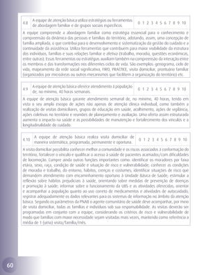 A equipe de atenção básica utiliza estratégias ou ferramentas
     4.8                                                                    0 1 2 3 4 5 6 7 8 9 10
            de abordagem familiar e de grupos sociais específicos.
     A equipe compreende a abordagem familiar como estratégia essencial para o conhecimento e
     compreensão da dinâmica das pessoas e famílias do território, adotando, assim, uma concepção de
     família ampliada, o que contribui para o desenvolvimento e sistematização da gestão do cuidado e a
     continuidade da assistência. Utiliza ferramentas que contribuem para maior visibilidade da estrutura
     dos indivíduos, famílias e suas relações familiar e afetiva (trabalho, moradia, questões econômicas,
     entre outras). Essas ferramentas ou estratégias auxiliam também na compreensão da interação entre
     os membros e das transformações nos diferentes ciclos de vida. São exemplos: genograma, ciclo de
     vida, mapeamento da rede social significativa, FIRO, PRACTICE, visita domiciliar, prontuário familiar
     (organizados por microáreas ou outros mecanismos que facilitem a organização do território) etc.

            A equipe de atenção básica oferece atendimento à população
     4.9                                                                    0 1 2 3 4 5 6 7 8 9 10
            de, no mínimo, 40 horas semanais.
     A equipe de atenção básica garante atendimento semanal de, no mínimo, 40 horas, tendo em
     vista o seu amplo escopo de ações não apenas de atenção clínica individual, como também a
     realização de visitas domiciliares, grupos de educação em saúde, acolhimento, ações de vigilância,
     ações coletivas no território e reuniões de planejamento e avaliação. Uma oferta assim estruturada
     aumenta o impacto na saúde e as possibilidades de manutenção e fortalecimento dos vínculos e a
     longitudinalidade do cuidado.

             A equipe de atenção básica realiza visita domiciliar de
     4.10                                                                   0 1 2 3 4 5 6 7 8 9 10
             maneira sistemática, programada, permanente e oportuna.
     A visita domiciliar possibilita conhecer melhor a comunidade e os riscos associados à conformação do
     território, fortalecer o vínculo e qualificar o acesso à saúde de pacientes acamados/com dificuldades
     de locomoção. Cumpre ainda outras funções importantes como: identificar os moradores por faixa
     etária, sexo, raça, condição de saúde e situação de risco e vulnerabilidade; conhecer as condições
     de moradia e trabalho, do entorno, hábitos, crenças e costumes; identificar situações de risco que
     demandem atendimento com encaminhamento oportuno à Unidade Básica de Saúde; estimular a
     reflexão sobre hábitos prejudiciais à saúde, orientando sobre medidas de prevenção de doenças
     e promoção à saúde; informar sobre o funcionamento da UBS e as atividades oferecidas; orientar
     e acompanhar a população quanto ao uso correto de medicamentos e atividades de autocuidado;
     registrar adequadamente os dados relevantes para os sistemas de informação no âmbito da atenção
     básica. Segundo os parâmetros da PNAB o agente comunitário de saúde deve acompanhar, por meio
     de visita domiciliar, todas as famílias e indivíduos sob sua responsabilidade. As visitas deverão ser
     programadas em conjunto com a equipe, considerando os critérios de risco e vulnerabilidade de
     modo que famílias com maior necessidade sejam visitadas mais vezes, mantendo como referência a
     média de 1 (uma) visita/família/mês.




60
 