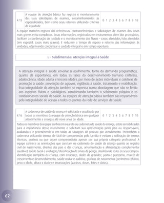A equipe de atenção básica faz registro e monitoramento
            das suas solicitações de exames, encaminhamentos às
     4.15                                                                   0 1 2 3 4 5 6 7 8 9 10
            especialidades, bem como seus retornos utilizando critérios
            de equidade.
     A equipe mantém registro das referências, contrarreferências e solicitações de exames dos casos
     mais graves e/ou complexos. Essas informações, registradas em instrumentos além dos prontuários,
     facilitam a coordenação do cuidado e o monitoramento dos fluxos – casos atendidos/não atendidos
     (em especial, casos mais graves). E reduzem o tempo de espera e retorno das informações às
     unidades, objetivando concretizar o cuidado integral e em tempo oportuno.


                              L – Subdimensão: Atenção integral à Saúde



      A atenção integral à saúde envolve o acolhimento, tanto da demanda programática,
      quanto da espontânea, em todas as fases do desenvolvimento humano (infância,
      adolescência, idade adulta e terceira idade), por meio de ações individuais e coletivas de
      promoção à saúde, prevenção de agravos, vigilância à saúde, tratamento e reabilitação.
      Essa integralidade da atenção também se expressa numa abordagem que não se limita
      aos aspectos físicos e patológicos, considerando também o sofrimento psíquico e os
      condicionantes sociais de saúde. As equipes de atenção básica também são responsáveis
      pela integralidade do acesso a todos os pontos da rede de serviços de saúde.


            A caderneta de saúde da criança é solicitada e atualizada por
     4.16   todos os membros da equipe de atenção básica em qualquer        0 1 2 3 4 5 6 7 8 9 10
            atendimento a crianças até nove anos de idade.
     Todos os membros da equipe conhecem o cartão ou caderneta de saúde da criança, estão sensibilizados
     para a importância desse instrumento e solicitam sua apresentação pelos pais ou responsáveis,
     avaliando-o e preenchendo-o em todas as situações de procura por atendimento. Preenchem a
     caderneta utilizando termos de fácil de compreensão pela família e evitam a utilização de termos
     técnicos, prolixos ou que sejam compreendidos apenas por sua própria categoria profissional. A
     equipe conhece as orientações que constam na caderneta de saúde da criança quanto ao registro
     civil de nascimento, direitos dos pais e das crianças, amamentação e alimentação complementar
     saudável, saúde bucal e avaliação/classificação de sinais de perigo, atualizando todos os seus campos:
     identificação completa da criança, com endereço, dados da gravidez, parto e puerpério, marcos de
     crescimento e desenvolvimento, saúde ocular e auditiva, gráficos de nascimento (perímetro cefálico,
     peso x idade, altura x idade) e imunizações (vacinas, doses, lotes e datas).




62
 