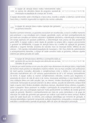 A equipe de atenção básica realiza rotineiramente todas
     4.20 as vacinas do calendário básico do programa nacional de          0 1 2 3 4 5 6 7 8 9 10
          imunização na população de crianças até 10 anos.
     A equipe desenvolve ações estratégicas e busca ativa, visando a ampliar a cobertura vacinal nessa
     faixa etária, e mantém organizados os registros das vacinas realizadas.


            A equipe de atenção básica realiza captação das gestantes
     4.21                                                                  0 1 2 3 4 5 6 7 8 9 10
            no primeiro trimestre.

     Durante o primeiro trimestre, as gestantes necessitam ser reconhecidas, e esse é o melhor momento
     para promover: a sua vinculação com a equipe, garantindo, assim, um bom acompanhamento do
     pré-natal com consultas em número suficiente e qualidade satisfatória; a identificação e intervenção
     em tempo oportuno em possíveis problemas; a determinação mais precisa da data provável de
     parto (DPP). A equipe realiza o teste rápido de gravidez na própria UBS e registra precocemente
     a gestante no SISPRENATAL. A equipe de atenção básica faz a análise de captação de gestantes
     utilizando a seguinte fórmula: {[número de nascidos vivos no município (fonte: SINASC) do ano
     anterior + 10% (perdas estimadas)]/população do município} x 100. Para efeito de cadastramento
     e acompanhamento domiciliar, a equipe de saúde considera todas as gestantes, inclusive aquelas
     cobertas por planos privados de saúde.

          A equipe de atenção básica identifica e acompanha todas as
     4.22 gestantes de sua área de atuação com oferta de seis ou mais      0 1 2 3 4 5 6 7 8 9 10
          consultas de pré-natal.
     A atenção pré-natal constitui-se em uma das ações mais elementares da atenção básica, impactando
     de maneira muito positiva os indicadores materno-infantis. Seis ou mais consultas com profissionais
     de nível superior (consultas alternadas e complementares entre o médico e o enfermeiro) são
     oferecidas mensalmente até a 28ª semana; quinzenalmente da 28ª à 36ª semana; semanalmente
     no termo. A equipe realiza os exames complementares indicados, exames para diagnóstico e
     prevenção do câncer de colo de útero e de mama, imunização antitetânica e para hepatite B. Faz
     uma avaliação clínica em cada consulta, que, no mínimo, envolve classificação de risco, avaliação
     nutricional, mensuração da pressão arterial e da altura uterina, ausculta do batimento cardíaco fetal
     (após o quarto mês). Realiza atividades educativas mensais, abordando temas relativos à gravidez,
     parto e puerpério. Busca promover ou ampliar a participação do companheiro no pré-natal, parto
     e puerpério, pois essa participação repercute muito positivamente na melhoria do estado geral de
     saúde da gestante. Mantém o acompanhamento por meio de visitas domiciliares e de grupo de
     educação em saúde das gestantes que optaram por realizar o pré-natal em outros serviços. Realiza
     ações de saúde bucal com, no mínimo, uma avaliação odontológica por trimestre de gestação. A
     atenção odontológica à gestante compreende avaliação diagnóstica, restaurações e cirurgias quando
     indicadas e considerando o período da gestação, além de ações de educação e prevenção.




64
 