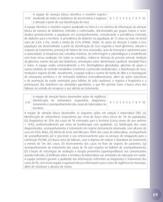 A equipe de atenção básica identifica e mantém registro
4.34 atualizado de todos os diabéticos do seu território e organiza   0 1 2 3 4 5 6 7 8 9 10
     a atenção a partir de sua classificação de risco.
A equipe identifica e mantém registro atualizado na ficha A e no sistema de informação da atenção
básica do número de diabéticos referidos e confirmados, discriminados por grupos etários e sexo.
Analisa periodicamente a população em acompanhamento, considerando a prevalência estimada
de diabetes para o território. A prevalência da diabetes na população de 15 anos ou mais no Brasil
varia de 2,6% a 6%, sendo a média de 4,5% (PNAD, 2008). As ações de atenção à saúde a essa
população são desenvolvidas a partir da classificação de risco segundo o nível glicêmico, adesão e
resposta ao tratamento, presença de fatores de risco associados, grau de instrução e autonomia para
o autocuidado. A frequência das consultas médicas, de enfermagem e odontológicas é estabelecida
com base nessa avaliação. Em todas as consultas, realiza-se aferição da pressão arterial, medição
da glicemia, exame dos pés dos diabéticos, orientações sobre alimentação saudável, atividade física
e fumo. A equipe avalia semestralmente a A1c (hemoglobina glicosilada), glicemia de jejum e
outras medidas de controle metabólico (conforme o protocolo estabelecido), a classificação de risco,
medição e registro do IMC. Anualmente, a equipe realiza o exame de fundo de olho e a investigação
de neuropatia periférica e de nefropatia diabética (microalbuminúria), além de ações educativas
e de promoção da saúde orientadas para hábitos de vida saudáveis; e registra a frequência e a
participação dos diabéticos nas atividades agendadas, o que lhe permite fazer a busca ativa dos
faltosos no sentido de recuperar a sua adesão ao tratamento.

     A equipe de atenção básica desenvolve ações de vigilância,
     identificação de sintomático respiratório, diagnóstico,
4.35                                                                  0 1 2 3 4 5 6 7 8 9 10
     tratamento e acompanhamento dos casos de tuberculose no
     território.
A equipe de atenção básica desenvolve as seguintes ações em relação à tuberculose (TB): (a)
Identificação de sintomáticos respiratórios por meio de busca ativa (cerca de 1% da população);
(b) Diagnóstico de 70% dos casos de TB estimados para o território (casos novos do ano anterior
+ 10%), preferencialmente por meio da baciloscopia com qualidade; (c) Notificação dos casos
diagnosticados, acompanhamento e tratamento em regime diretamente observado, com alcance de
cura em 85% deles; (d) Oferta do teste anti-HIV para 100% dos casos de tuberculose, acompanhada
de aconselhamento pré e pós-teste e seu referenciamento para os serviços de retaguarda para a
coinfecção TB/HIV; (e) Busca ativa de faltosos, com o objetivo de reduzir o abandono ao tratamento
a menos de 5% dos casos; (f) Encerramento dos casos no livro de registro de pacientes; (g)
Acompanhamento do tratamento dos casos de TB com registro no boletim de acompanhamento;
(h) Criação de estratégias de avaliação e terapia preventiva (quimioprofilaxia) nos comunicantes
quando indicado; (i) Reflexão sobre a temática da tuberculose nas atividades de educação em saúde.
A equipe também garante a qualidade das informações referentes ao diagnóstico e tratamento dos
casos de TB, com envio regular e oportuno dessas informações para a área de vigilância no município,
além de monitorar o alcance de metas.




                                                                                                       69
 