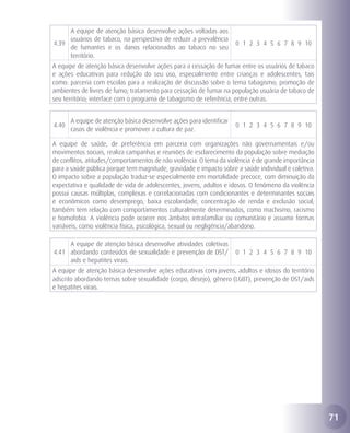 A equipe de atenção básica desenvolve ações voltadas aos
     usuários de tabaco, na perspectiva de reduzir a prevalência
4.39                                                                  0 1 2 3 4 5 6 7 8 9 10
     de fumantes e os danos relacionados ao tabaco no seu
     território.
A equipe de atenção básica desenvolve ações para a cessação de fumar entre os usuários de tabaco
e ações educativas para redução do seu uso, especialmente entre crianças e adolescentes, tais
como: parceria com escolas para a realização de discussão sobre o tema tabagismo; promoção de
ambientes de livres de fumo; tratamento para cessação de fumar na população usuária de tabaco de
seu território; interface com o programa de tabagismo de referência, entre outras.


       A equipe de atenção básica desenvolve ações para identificar
4.40                                                                  0 1 2 3 4 5 6 7 8 9 10
       casos de violência e promover a cultura de paz.

A equipe de saúde, de preferência em parceria com organizações não governamentais e/ou
movimentos sociais, realiza campanhas e reuniões de esclarecimento da população sobre mediação
de conflitos, atitudes/comportamentos de não violência. O tema da violência é de grande importância
para a saúde pública porque tem magnitude, gravidade e impacto sobre a saúde individual e coletiva.
O impacto sobre a população traduz-se especialmente em mortalidade precoce, com diminuição da
expectativa e qualidade de vida de adolescentes, jovens, adultos e idosos. O fenômeno da violência
possui causas múltiplas, complexas e correlacionadas com condicionantes e determinantes sociais
e econômicos como desemprego, baixa escolaridade, concentração de renda e exclusão social;
também tem relação com comportamentos culturalmente determinados, como machismo, racismo
e homofobia. A violência pode ocorrer nos âmbitos intrafamiliar ou comunitário e assumir formas
variáveis, como violência física, psicológica, sexual ou negligência/abandono.

     A equipe de atenção básica desenvolve atividades coletivas
4.41 abordando conteúdos de sexualidade e prevenção de DST/           0 1 2 3 4 5 6 7 8 9 10
     aids e hepatites virais.
A equipe de atenção básica desenvolve ações educativas com jovens, adultos e idosos do território
adscrito abordando temas sobre sexualidade (corpo, desejo), gênero (LGBT), prevenção de DST/aids
e hepatites virais.




                                                                                                      71
 
