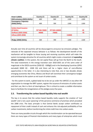 22
ESTE TEXTO NÃO REFLETE UMA POSIÇÃO DA SECRETARIA DE ASSUNTOS ESTRATÉGICOS
Panel C (2025) Country C1 Country C2 Country D1 Country D2
GHG emissions (2025) (GtC02) 600 900 1100 1200
Convergence Trajectory
(2030) (GtC02) 400 700 1200 1200
Carbon Asset Issuance
($*GtC02) 70*100=7000$ 70*100=14000$ 0$
Outflows (2025-2030) -4000$ -7000$ 0$
Inflows (2025-2030) 11000$
Pledge (2030) (GtC02) 500 700 1200 1100
Actually over time all countries will be discouraged to announce lax emissions pledges. The
rationale of the expected virtuous behavior is as follows: the development benefit of the
mechanism will be tangible to those issuing and receiving countries which will make the
system increasingly attractive for all countries which might create a movement of expanding
climate coalition. In this system, the net capital flows will go from the North to the South.
The total investments in the energy transition over 2010-2035 are of the same order of
magnitude in the OECD countries [5950 G$ - 6300g$) and in the Developing Countries (OPEC
excluded) [6040 G$ - 6500 G$) and there will be a higher share of cost-effective
opportunities in the latter. It is also interesting to note that, one or two decades ahead,
emerging economies like China, Mexico and Brazil will overshoot their convergence budget
and contribute to the system as net issuer of carbon assets.
For this system to work, a global body has to be set up under the UNFCCC or any other UN
organization to manage the MRT system, register the issuance of emissions of carbon assets
and their use, like in a form of clearinghouse. This is critical to create a credible information
basis to facilitate the renegotiations of the pledges every five years.
2.3. Transforming the carbon based liquidity into real wealth
The key is to secure that the carbon based liquidity really supports the creation of ‘real
wealth’ and is not a pure ‘greening’ of the perverse commerce of promises which provoked
the 2008 crisis. The basic principle is that Central Banks accept carbon certificates as
repayment of their credit instead of cash and enhance the risk-adjusted profitability of low
carbon investments, before transforming the initial credit lines into carbon assets.
There are many possible circuits through which this transformation can be operated because
there are many types of financial intermediaries and many types of enterprises which must
 