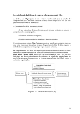 5.1. A influência da Cultura da empresa sobre a componente ética

A Cultura da Organização é um conceito fundamental para o estudo do
comportamento ético. Existindo uma forte ou fraca cultura empresarial, esta tem uma
grande influência sobre os empregados.

A Cultura satisfaz várias funções na empresa:

      - É um mecanismo de controlo que permite orientar e ajustar as posturas e
comportamentos dos empregados;

       - Delimita as fronteiras da empresa ;

       - Permite transmitir uma certa semelhança aos seus membros.

O vínculo existente entre a Ética-Cultura apresenta-se quando a organização atravessa
uma crise, para mudar de cultura, há que, obrigatoriamente falar de ética. Apenas a
reflexão ética nos permite saber o por que é que as coisas se fazem.

Os comportamentos não éticos das organizações levaram ao desenvolvimento de vários
modelos de comportamentos éticos, tendo em conta variáveis pessoais e situacionais.
Linda Klebe Trevino [1986] postula que as compreensões do bom e do mau dos
indivíduos não são os únicos factores determinantes na tomada das suas decisões. As
convicções existentes interagem com as restantes características individuais e com a
cultura das organizações.


                                    Moderadores individuais
                              - força do ego
                              - lugar de controlo


    Dilema ético            Estádio de desenvolvimento moral      Comportamento
                                                                  ético ou não ético

                              Moderadores situacionais
                              - contexto de trabalho
                              - cultura organizacional
                              - características do trabalho
                              - política formal da organização
                              - necessidade financeira pessoal


                       Esquema 2: A tomada de decisão ética [4]




                                                                                       10
 