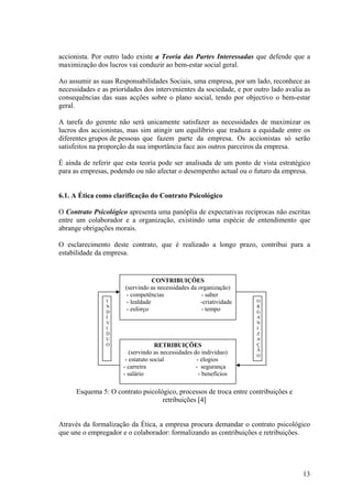 accionista. Por outro lado existe a Teoria das Partes Interessadas que defende que a
maximização dos lucros vai conduzir ao bem-estar social geral.

Ao assumir as suas Responsabilidades Sociais, uma empresa, por um lado, reconhece as
necessidades e as prioridades dos intervenientes da sociedade, e por outro lado avalia as
consequências das suas acções sobre o plano social, tendo por objectivo o bem-estar
geral.

A tarefa do gerente não será unicamente satisfazer as necessidades de maximizar os
lucros dos accionistas, mas sim atingir um equilíbrio que traduza a equidade entre os
diferentes grupos de pessoas que fazem parte da empresa. Os accionistas só serão
satisfeitos na proporção da sua importância face aos outros parceiros da empresa.

É ainda de referir que esta teoria pode ser analisada de um ponto de vista estratégico
para as empresas, podendo ou não afectar o desempenho actual ou o futuro da empresa.


6.1. A Ética como clarificação do Contrato Psicológico

O Contrato Psicológico apresenta uma panóplia de expectativas recíprocas não escritas
entre um colaborador e a organização, existindo uma espécie de entendimento que
abrange obrigações morais.

O esclarecimento deste contrato, que é realizado a longo prazo, contribui para a
estabilidade da empresa.


                                   CONTRIBUIÇÕES
                       (servindo as necessidades da organização)
                        - competências               - saber
                I       - lealdade                   -criatividade    O
                N                                                     R
                D
                        - esforço                    - tempo          G
                Í                                                     A
                V                                                     N
                I                                                     I
                D                                                     Z
                U                                                     A
                O                   RETRIBUIÇÕES                      Ç
                                                                      Ã
                         (servindo as necessidades do indivíduo)      O
                       - estatuto social            - elogios
                      - carreira                    - segurança
                      - salário                      - benefícios

      Esquema 5: O contrato psicológico, processos de troca entre contribuições e
                                   retribuições [4]


Através da formalização da Ética, a empresa procura demandar o contrato psicológico
que une o empregador e o colaborador: formalizando as contribuições e retribuições.




                                                                                      13
 