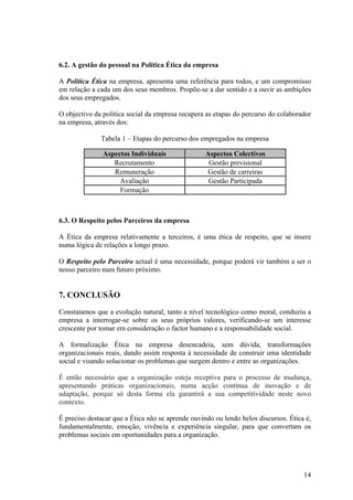 6.2. A gestão do pessoal na Política Ética da empresa

A Política Ética na empresa, apresenta uma referência para todos, e um compromisso
em relação a cada um dos seus membros. Propõe-se a dar sentido e a ouvir as ambições
dos seus empregados.

O objectivo da política social da empresa recupera as etapas do percurso do colaborador
na empresa, através dos:

              Tabela 1 – Etapas do percurso dos empregados na empresa

               Aspectos Individuais                Aspectos Colectivos
                  Recrutamento                      Gestão previsional
                  Remuneração                       Gestão de carreiras
                    Avaliação                       Gestão Participada
                    Formação



6.3. O Respeito pelos Parceiros da empresa

A Ética da empresa relativamente a terceiros, é uma ética de respeito, que se insere
numa lógica de relações a longo prazo.

O Respeito pelo Parceiro actual é uma necessidade, porque poderá vir também a ser o
nosso parceiro num futuro próximo.


7. CONCLUSÃO
Constatamos que a evolução natural, tanto a nível tecnológico como moral, conduziu a
empresa a interrogar-se sobre os seus próprios valores, verificando-se um interesse
crescente por tomar em consideração o factor humano e a responsabilidade social.

A formalização Ética na empresa desencadeia, sem dúvida, transformações
organizacionais reais, dando assim resposta à necessidade de construir uma identidade
social e visando solucionar os problemas que surgem dentro e entre as organizações.

É então necessário que a organização esteja receptiva para o processo de mudança,
apresentando práticas organizacionais, numa acção contínua de inovação e de
adaptação, porque só desta forma ela garantirá a sua competitividade neste novo
contexto.

É preciso destacar que a Ética não se aprende ouvindo ou lendo belos discursos. Ética é,
fundamentalmente, emoção, vivência e experiência singular, para que convertam os
problemas sociais em oportunidades para a organização.




                                                                                     14
 