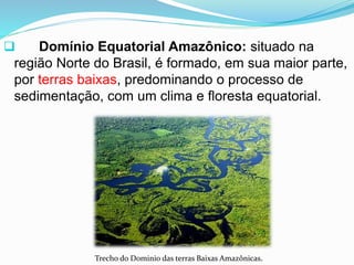  Domínio Equatorial Amazônico: situado na
região Norte do Brasil, é formado, em sua maior parte,
por terras baixas, predominando o processo de
sedimentação, com um clima e floresta equatorial.
Trecho do Dominio das terras Baixas Amazônicas.
 