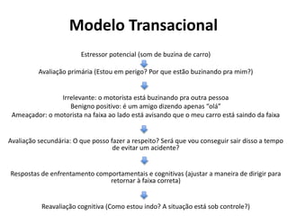 Modelo Transacional
Estressor potencial (som de buzina de carro)
Avaliação primária (Estou em perigo? Por que estão buzinando pra mim?)
Irrelevante: o motorista está buzinando pra outra pessoa
Benigno positivo: é um amigo dizendo apenas “olá”
Ameaçador: o motorista na faixa ao lado está avisando que o meu carro está saindo da faixa
Avaliação secundária: O que posso fazer a respeito? Será que vou conseguir sair disso a tempo
de evitar um acidente?
Respostas de enfrentamento comportamentais e cognitivas (ajustar a maneira de dirigir para
retornar à faixa correta)
Reavaliação cognitiva (Como estou indo? A situação está sob controle?)
 