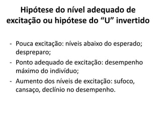 Hipótese do nível adequado de
excitação ou hipótese do “U” invertido
- Pouca excitação: níveis abaixo do esperado;
despreparo;
- Ponto adequado de excitação: desempenho
máximo do indivíduo;
- Aumento dos níveis de excitação: sufoco,
cansaço, declínio no desempenho.
 