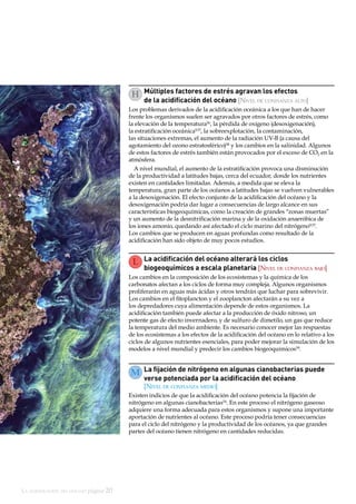La acidificación del océano página 20
Múltiples factores de estrés agravan los efectos
de la acidificación del océano [Nivel de confianza alto]
Los problemas derivados de la acidificación oceánica a los que han de hacer
frente los organismos suelen ser agravados por otros factores de estrés, como
la elevación de la temperatura56
, la pérdida de oxígeno (desoxigenación),
la estratificación oceánica9,57
, la sobreexplotación, la contaminación,
las situaciones extremas, el aumento de la radiación UV-B (a causa del
agotamiento del ozono estratosférico)58
y los cambios en la salinidad. Algunos
de estos factores de estrés también están provocados por el exceso de CO2 en la
atmósfera.
A nivel mundial, el aumento de la estratificación provoca una disminución
de la productividad a latitudes bajas, cerca del ecuador, donde los nutrientes
existen en cantidades limitadas. Además, a medida que se eleva la
temperatura, gran parte de los océanos a latitudes bajas se vuelven vulnerables
a la desoxigenación. El efecto conjunto de la acidificación del océano y la
desoxigenación podría dar lugar a consecuencias de largo alcance en sus
características biogeoquímicas, como la creación de grandes “zonas muertas”
y un aumento de la desnitrificación marina y de la oxidación anaeróbica de
los iones amonio, quedando así afectado el ciclo marino del nitrógeno9,57
.
Los cambios que se producen en aguas profundas como resultado de la
acidificación han sido objeto de muy pocos estudios.
H
La acidificación del océano alterará los ciclos
biogeoquímicos a escala planetaria [Nivel de confianza bajo]
Los cambios en la composición de los ecosistemas y la química de los
carbonatos afectan a los ciclos de forma muy compleja. Algunos organismos
proliferarán en aguas más ácidas y otros tendrán que luchar para sobrevivir.
Los cambios en el fitoplancton y el zooplancton afectarán a su vez a
los depredadores cuya alimentación depende de estos organismos. La
acidificación también puede afectar a la producción de óxido nitroso, un
potente gas de efecto invernadero, y de sulfuro de dimetilo, un gas que reduce
la temperatura del medio ambiente. Es necesario conocer mejor las respuestas
de los ecosistemas a los efectos de la acidificación del océano en lo relativo a los
ciclos de algunos nutrientes esenciales, para poder mejorar la simulación de los
modelos a nivel mundial y predecir los cambios biogeoquímicos59
.
L
La fijación de nitrógeno en algunas cianobacterias puede
verse potenciada por la acidificación del océano
[Nivel de confianza medio]
Existen indicios de que la acidificación del océano potencia la fijación de
nitrógeno en algunas cianobacterias54
. En este proceso el nitrógeno gaseoso
adquiere una forma adecuada para estos organismos y supone una importante
aportación de nutrientes al océano. Este proceso podría tener consecuencias
para el ciclo del nitrógeno y la productividad de los océanos, ya que grandes
partes del océano tienen nitrógeno en cantidades reducidas.
M
NASA’s Goddard Space Flight Center/USGS
 