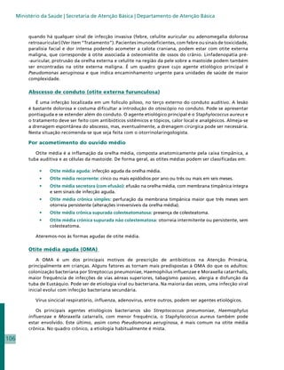 Ministério da Saúde | Secretaria de Atenção Básica | Departamento de Atenção Básica



           quando há qualquer sinal de infecção invasiva (febre, celulite auricular ou adenomegalia dolorosa
           retroauricular) (Ver item “Tratamento”). Pacientes imunodeficientes, com febre ou sinais de toxicidade,
           paralisia facial e dor intensa podendo acometer a calota craniana, podem estar com otite externa
           maligna, que corresponde à otite associada à osteomielite de ossos do crânio. Linfadenopatia pré-
           -auricular, protrusão da orelha externa e celulite na região da pele sobre a mastoide podem também
           ser encontradas na otite externa maligna. É um quadro grave cujo agente etiológico principal é
           Pseudomonas aeruginosa e que indica encaminhamento urgente para unidades de saúde de maior
           complexidade.

           Abscesso de conduto (otite externa furunculosa)

               É uma infecção localizada em um folículo piloso, no terço externo do conduto auditivo. A lesão
           é bastante dolorosa e costuma dificultar a introdução do otoscópio no conduto. Pode se apresentar
           pontiaguda e se estender além do conduto. O agente etiológico principal é o Staphylococcus aureus e
           o tratamento deve ser feito com antibióticos sistêmicos e tópicos, calor local e analgésicos. Almeja-se
           a drenagem espontânea do abscesso, mas, eventualmente, a drenagem cirúrgica pode ser necessária.
           Nesta situação recomenda-se que seja feita com o otorrinolaringologista.

           Por acometimento do ouvido médio

              Otite média é a inflamação da orelha média, composta anatomicamente pela caixa timpânica, a
           tuba auditiva e as células da mastoide. De forma geral, as otites médias podem ser classificadas em:

                •	   Otite média aguda: infecção aguda da orelha média.
                •	   Otite média recorrente: cinco ou mais epidódios por ano ou três ou mais em seis meses.
                •	   Otite média secretora (com efusão): efusão na orelha média, com membrana timpânica íntegra
                     e sem sinais de infecção aguda.
                •	   Otite média crônica simples: perfuração da membrana timpânica maior que três meses sem
                     otorreia persistente (alterações irreversíveis da orelha média).
                •	   Otite média crônica supurada colesteatomatosa: presença de colesteatoma.
                •	   Otite média crônica supurada não colestematosa: otorreia intermitente ou persistente, sem
                     colesteatoma.

              Ateremos-nos às formas agudas de otite média.

           Otite média aguda (OMA)

               A OMA é um dos principais motivos de prescrição de antibióticos na Atenção Primária,
           principalmente em crianças. Alguns fatores as tornam mais predispostas à OMA do que os adultos:
           colonização bacteriana por Streptoccus pneumoniae, Haemophilus influenzae e Moraxella catarrhalis,
           maior frequência de infecções de vias aéreas superiores, tabagismo passivo, alergia e disfunção da
           tuba de Eustáquio. Pode ser de etiologia viral ou bacteriana. Na maioria das vezes, uma infecção viral
           inicial evolui com infecção bacteriana secundária.

              Vírus sincicial respiratório, influenza, adenovírus, entre outros, podem ser agentes etiológicos.

               Os principais agentes etiológicos bacterianos são Streptococcus pneumoniae, Haemophylus
           influenzae e Moraxella catarralis, com menor frequência, o Staphylococcus aureus também pode
           estar envolvido. Este último, assim como Pseudomonas aeruginosa, é mais comum na otite média
           crônica. No quadro crônico, a etiologia habitualmente é mista.

106
 