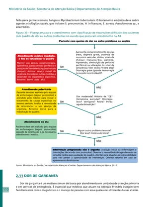 Ministério da Saúde | Secretaria de Atenção Básica | Departamento de Atenção Básica


           feita para germes comuns, fungos e Mycobacterium tuberculosis. O tratamento empírico deve cobrir
           agentes etiológicos usuais, que incluem S. pneumoniae, H. influenzae, S. aureus, Pseudomonas sp., e
           anaeróbios.

           Figura 30 – Fluxograma para o atendimento com classificação de risco/vulnerabilidade dos pacientes
           com quadro de dor ou outros problemas no ouvido que procuram atendimento na AB




           Fonte: Ministério da Saúde. Secretaria de Atenção à Saúde. Departamento de Atenção Básica, 2011.




           2.11 DOR DE GARGANTA

              Dor de garganta é um motivo comum de busca por atendimento em unidades de atenção primária
           e em serviços de emergência. É essencial que médicos que atuam na Atenção Primária estejam bem
110        familiarizados com o diagnóstico e o manejo de pessoas com essa queixa nas diferentes faixas etárias.
 