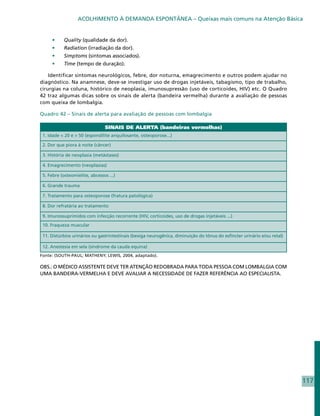 ACOLHIMENTO À DEMANDA ESPONTÂNEA – Queixas mais comuns na Atenção Básica


     •	    Quality (qualidade da dor).
     •	    Radiation (irradiação da dor).
     •	    Simptoms (sintomas associados).
     •	    Time (tempo de duração).

    Identificar sintomas neurológicos, febre, dor noturna, emagrecimento e outros podem ajudar no
diagnóstico. Na anamnese, deve-se investigar uso de drogas injetáveis, tabagismo, tipo de trabalho,
cirurgias na coluna, histórico de neoplasia, imunosupressão (uso de corticoides, HIV) etc. O Quadro
42 traz algumas dicas sobre os sinais de alerta (bandeira vermelha) durante a avaliação de pessoas
com queixa de lombalgia.

Quadro 42 – Sinais de alerta para avaliação de pessoas com lombalgia

                                SINAIS DE ALERTA (bandeiras vermelhas)
 1. Idade < 20 e > 50 (espondilite anquilosante, osteoporose...)

 2. Dor que piora à noite (câncer)

 3. História de neoplasia (metástases)

 4. Emagrecimento (neoplasias)

 5. Febre (osteomielite, abcessos ...)

 6. Grande trauma

 7. Tratamento para osteoporose (fratura patológica)

 8. Dor refratária ao tratamento

 9. Imunossuprimidos com infecção recorrente (HIV, corticoides, uso de drogas injetáveis ...)

 10. Fraqueza muscular

 11. Distúrbios urinários ou gastrintestinais (bexiga neurogênica, diminuição do tônus do esfíncter urinário e/ou retal)

 12. Anestesia em sela (síndrome da cauda equina)
Fonte: (SOUTH-PAUL; MATHENY; LEWIS, 2004, adaptado).

OBS.: O MÉDICO ASSISTENTE DEVE TER ATENÇÃO REDOBRADA PARA TODA PESSOA COM LOMBALGIA COM
UMA BANDEIRA-VERMELHA E DEVE AVALIAR A NECESSIDADE DE FAZER REFERÊNCIA AO ESPECIALISTA.




                                                                                                                           117
 