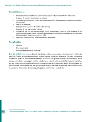 Ministério da Saúde | Secretaria de Atenção Básica | Departamento de Atenção Básica



           Contraindicações

                   •	    Pacientes com risco de bronco aspiração (“Glasgow” ≤ 8), exceto se forem intubados;
                   •	    Ingestão de agentes cáusticos ou corrosivos;
                   •	    Trato gastrointestinal não intacto anatomicamente, com risco de hemorragia/perfuração (cirur-
                         gia recente);
                   •	    Obstrução intestinal;
                   •	    Íleo adinâmico (ausência de ruídos hidroaéreos);
                   •	    Ingestão de hidrocarbonetos voláteis;
                   •	    Substâncias que não são adsorvidas pelo carvão ativado (ferro, cáusticos, lítio, derivados de pe-
                         tróleo, outros metais, etanol, metanol, acetona), exceto se houver coingestão de outras drogas
                         absorvíveis pelo CA e que ameacem a vida;
                   •	    Gestantes, recém-nascidos e pacientes muito debilitados.


           Complicações

                   •	    Vômitos;
                   •	    Broncoaspiração;
                   •	    Constipação e obstrução intestinal2.

           Uso de antídotos: mesmo não se tratando de medicamentos usualmente disponíveis na Atenção
           Básica, o Quadro 50 mostra os principais antídotos e suas indicações. Apesar de existirem milhares de
           substâncias químicas, poucos são os antídotos disponíveis. Na grande maioria das intoxicações, o que
           salva o paciente é a abordagem inicial e o tratamento suportivo. No entanto há situações específicas
           em que o uso do antídoto é fundamental no manejo do paciente. Exemplo clássico são as intoxicações
           por inibidores das colinesterases, em que o uso de atropina em doses apropriadas é fundamental para
           o sucesso no tratamento. O uso adequado poderá ser orientado pelos CIATs.




140        2
               Ver capítulo de lavagem gástrica, no Caderno número 29 de Atenção Primária de “Procedimentos na Atenção Primária”.
 