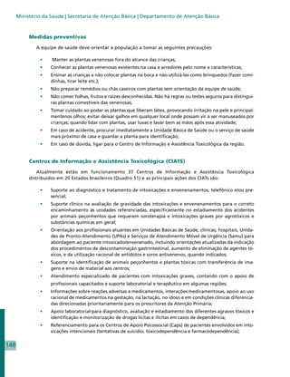 Ministério da Saúde | Secretaria de Atenção Básica | Departamento de Atenção Básica



           Medidas preventivas

              A equipe de saúde deve orientar a população a tomar as seguintes precauções:

               •	   Manter as plantas venenosas fora do alcance das crianças;
               •	   Conhecer as plantas venenosas existentes na casa e arredores pelo nome e características;
               •	   Ensinar as crianças a não colocar plantas na boca e não utilizá-las como brinquedos (fazer comi-
                    dinhas, tirar leite etc.);
               •	   Não preparar remédios ou chás caseiros com plantas sem orientação da equipe de saúde;
               •	   Não comer folhas, frutos e raízes desconhecidas. Não há regras ou testes seguros para distingui-
                    ras plantas comestíveis das venenosas;
               •	   Tomar cuidado ao podar as plantas que liberam látex, provocando irritação na pele e principal-
                    mentenos olhos; evitar deixar galhos em qualquer local onde possam vir a ser manuseados por
                    crianças; quando lidar com plantas, usar luvas e lavar bem as mãos após essa atividade;
               •	   Em caso de acidente, procurar imediatamente a Unidade Básica de Saúde ou o serviço de saúde
                    mais próximo de casa e guardar a planta para identificação;
               •	   Em caso de dúvida, ligar para o Centro de Informação e Assistência Toxicológica da região.


           Centros de Informação e Assistência Toxicológica (CIATS)

               Atualmente estão em funcionamento 37 Centros de Informação e Assistência Toxicológica
           distribuídos em 20 Estados brasileiros (Quadro 51) e as principais ações dos CIATs são:

               •	   Suporte ao diagnóstico e tratamento de intoxicações e envenenamentos, telefônico e/ou pre-
                    sencial;
               •	   Suporte clínico na avaliação de gravidade das intoxicações e envenenamentos para o correto
                    encaminhamento às unidades referenciadas, especificamente no estadiamento dos acidentes
                    por animais peçonhentos que requerem soroterapia e intoxicações graves por agrotóxicos e
                    substâncias químicas em geral;
               •	   Orientação aos profissionais atuantes em Unidades Básicas de Saúde, clínicas, hospitais, Unida-
                    des de Pronto-Atendimento (UPAs) e Serviços de Atendimento Móvel de Urgência (Samu) para
                    abordagem ao paciente intoxicado/envenenado, incluindo orientações atualizadas da indicação
                    dos procedimentos de descontaminação gastrintestinal, aumento de eliminação de agentes tó-
                    xicos, e da utilização racional de antídotos e soros antivenenos, quando indicados;
               •	   Suporte na identificação de animais peçonhentos e plantas tóxicas com transferência de ima-
                    gens e envio de material aos centros;
               •	   Atendimento especializado de pacientes com intoxicações graves, contando com o apoio de
                    profissionais capacitados e suporte laboratorial e terapêutico em algumas regiões;
               •	   Informações sobre reações adversas a medicamentos, interações medicamentosas, apoio ao uso
                    racional de medicamentos na gestação, na lactação, no idoso e em condições clínicas diferencia-
                    das direcionadas prioritariamente para os prescritores da Atenção Primária;
               •	   Apoio laboratorial para diagnóstico, avaliação e estadiamento dos diferentes agravos tóxicos e
                    identificação e monitorização de drogas lícitas e ilícitas em casos de dependência;
               •	   Referenciamento para os Centros de Apoio Psicossocial (Caps) de pacientes envolvidos em into-
                    xicações intencionais (tentativas de suicídio, toxicodependência e farmacodependência);


148
 