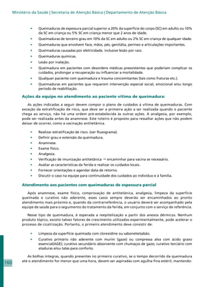 Ministério da Saúde | Secretaria de Atenção Básica | Departamento de Atenção Básica



               •	   Queimaduras de espessura parcial superior a 20% da superfície do corpo (SC) em adulto ou 10%
                    da SC em criança ou 5% SC em criança menor que 2 anos de idade.
               •	   Queimaduras de terceiro grau em 10% da SC em adulto ou 2% SC em criança de qualquer idade.
               •	   Queimaduras que envolvem face, mãos, pés, genitália, períneo e articulações importantes.
               •	   Queimaduras causadas por eletricidade, inclusive lesão por raio.
               •	   Queimaduras químicas.
               •	   Lesão por inalação.
               •	   Queimadura em pacientes com desordens médicas preexistentes que poderiam complicar os
                    cuidados, prolongar a recuperação ou influenciar a mortalidade.
               •	   Qualquer paciente com queimadura e trauma concomitantes (tais como fraturas etc.).
               •	   Queimaduras em pacientes que requerem intervenção especial social, emocional e/ou longo
                    período de reabilitação.

           Ações da equipe no atendimento ao paciente vítima de queimadura:

              As ações indicadas a seguir devem compor o plano de cuidados à vítima de queimaduras. Com
           exceção da estratificação de risco, que deve ser a primeira ação a ser realizada quando o paciente
           chega ao serviço, não há uma ordem pré-estabelecida às outras ações. A analgesia, por exemplo,
           pode ser realizada antes da anamnese. Este roteiro é proposto para ressaltar ações que não podem
           deixar de ocorrer, como a vacinação antitetânica.

               •	   Realizar estratificação de risco. (ver fluxograma).
               •	   Definir grau e extensão da queimadura.
               •	   Anamnese.
               •	   Exame físico.
               •	   Analgesia.
               •	   Verificação de imunização antitetânica  encaminhar para vacina se necessário.
               •	   Avaliar as características da ferida e realizar os cuidados locais.
               •	   Fornecer orientações e agendar data de retorno.
               •	   Discutir o caso na equipe para continuidade dos cuidados ao indivíduo e à família.

           Atendimento aos pacientes com queimaduras de espessura parcial

              Após anamnese, exame físico, comprovação de antitetânica, analgesia, limpeza da superfície
           queimada e curativo não aderente, esses casos sempre deverão ser encaminhados ao pronto
           atendimento mais próximo e, quando da contrarreferência, o usuário deverá ser acompanhado pela
           equipe de saúde para o seguimento do tratamento da ferida, em conjunto com o serviço de referência.

              Nesse tipo de queimadura, é esperada a reepitelização a partir dos anexos dérmicos. Nenhum
           produto tópico, exceto talvez fatores de crescimento utilizados experimentalmente, pode acelerar o
           processo de cicatrização. Portanto, o primeiro atendimento deve consistir de:

               •	   Limpeza da superfície queimada com clorexidine ou sabonete/sabão.
               •	   Curativo primário não aderente com murim (gaze) ou compressa alva com ácido graxo
                    essencial(AGE); curativo secundário absorvente com chumaços de gaze; curativo terciário com
                    ataduras e/ou talas para conforto.

              As bolhas íntegras, quando presentes no primeiro curativo, se o tempo decorrido da queimadura
           até o atendimento for menor que uma hora, devem ser aspiradas com agulha fina estéril, mantendo-
160
 