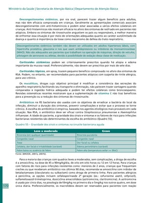 Ministério da Saúde | Secretaria de Atenção Básica | Departamento de Atenção Básica


               Descongestionantes sistêmicos, por via oral, parecem trazer algum benefício para adultos,
           mas não têm eficácia comprovada em crianças. Geralmente as apresentações comerciais associam
           descongestionantes com anti-histamínicos e podem estar associadas a vários efeitos colaterais em
           crianças. Anti-histamínicos não mostram eficácia no alívio dos sintomas de resfriado em pacientes não
           atópicos. Embora os sintomas de rinossinusite angustiem os pais ou responsáveis, a melhor maneira
           de enfrentar essa situação é por meio de orientações adequadas quanto ao caráter autolimitado da
           doença e quanto à importância da tosse como mecanismo de defesa do trato respiratório.

            Descongestionantes sistêmicos também não devem ser utilizados em adultos hipertensos lábeis, com
            hipertrofia prostática, glaucoma e nos que usam antidepressivos ou inibidores da monoaminoxidase
            (MAO). Não são adequados aos pacientes que trabalham na operação de máquinas, direção de veículos,
            pilotagem de aeronaves ou atletas, devido à possibilidade de sedação dessa classe de medicação.

              Corticoides sistêmicos podem ser criteriosamente prescritos quando há atopia e edema
           importante da mucosa nasal. Preferencialmente, não devem ser prescritos por mais de sete dias.

              Corticoides tópicos, em spray, trazem pequeno benefício comprovado no alívio dos sintomas da
           RSA. Podem, no entanto, ser recomendados para pacientes atópicos com suspeita de rinite alérgica,
           para uso crônico.

              Os mucolíticos, drogas cujo objetivo principal é modificar a consistência das secreções do
           aparelho respiratório,facilitando seu transporte e eliminação, não parecem trazer vantagens quando
           comparados à ingestão hídrica adequada e podem ter efeitos colaterais como broncoespasmo.
           Revisões sistemáticas recentes mostraram que a suplementação de vitamina C não traz benefícios
           para a prevenção ou a redução dos sintomas de rinossinusite.

               Antibióticos na RS bacteriana são usados com os objetivos de erradicar a bactéria do local da
           infecção, diminuir a duração dos sintomas, prevenir complicações e evitar que o processo se torne
           crônico. A escolha do antibiótico é empírica, baseada nos agentes etiológicos mais prováveis em cada
           situação. Nas RSA, o antibiótico deve ser eficaz contra Streptococcus pneumoniae e Haemophilus
           influenzae. A idade do paciente, a gravidade dos sinais e sintomas e os fatores de risco para infecções
           bacterianas resistentes são determinantes da escolha do antibiótico (Quadro 55).

           Quadro 55 – Gravidade dos sinais e sintomas na sinusite bacteriana aguda

                              Leve a moderada                                           Grave
            Rinorreia (em qualquer quantidade)                 Rinorreia purulenta
            Congestão nasal                                    Congestão nasal
            Tosse                                              Dor facial ou cefaleia
            Cefaleia, dor facial e irritabilidade (variável)   Edema periorbitário (variável)
            Febre baixa ou ausência de febre                   Febre alta (temperatura axilar >= 39oC)
           Fonte: (BROOK, 2007a; 2007b).

               Para a maioria das crianças com quadros leves a moderados, sem complicações, a droga de escolha
           é a amoxicilina, na dose de 45 a 90mg/kg/dia, de oito em oito horas ou 12 em 12 horas. Para crianças
           com fatores de risco para infecções resistentes como: menores de 2 anos, crianças que frequentam
           creches ou que receberam antibiótico nos últimos 90 dias, recomenda-se amoxicilina com inibidor de
           betalactamases (clavulanato ou sulbactam) como droga de primeira linha. Para pacientes alérgicos
           à penicilina, as opções incluem cefalosporinasde 2ª geração (ex.: cefuroxime axetil, cefprozil),
           sulfametoxazol-trimetoprima, doxiciclina emacrolídeos (azitromicina, claritromicina). A azitromicina
           é usada por cinco dias, na posologia de10mg/kg no primeiro dia e 5mg/kg nos outros quatro, em dose
170        única diária. Preferencialmente, os macrolídeos devem ser reservados para pacientes com reação
 