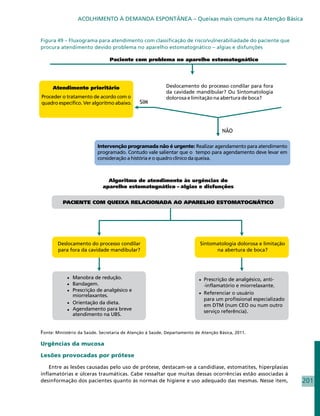 ACOLHIMENTO À DEMANDA ESPONTÂNEA – Queixas mais comuns na Atenção Básica


Figura 49 – Fluxograma para atendimento com classificação de risco/vulnerabiliadade do paciente que
procura atendimento devido problema no aparelho estomatognático – algias e disfunções




Fonte: Ministério da Saúde. Secretaria de Atenção à Saúde. Departamento de Atenção Básica, 2011.

Urgências da mucosa

Lesões provocadas por prótese

    Entre as lesões causadas pelo uso de prótese, destacam-se a candidíase, estomatites, hiperplasias
inflamatórias e úlceras traumáticas. Cabe ressaltar que muitas dessas ocorrências estão associadas à
desinformação dos pacientes quanto às normas de higiene e uso adequado das mesmas. Nesse item,          201
 