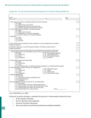 Ministério da Saúde | Secretaria de Atenção Básica | Departamento de Atenção Básica


           Quadro 64 – Clinical Institute Withdrawal Assessment for Alcohol, Revised (CIWA-Ar)



           Nome:                                                                                              Data:
           Pulso ou FC:                                                     PA:                               Hora:

           1. Você sente um mal-estar no estômago (enjoo)? Você tem vomitado?
                        0   Não
                        1   Náusea leve e sem vômito
                        4   Náusea recorrente com ânsia de vômito
                        7   Náusea constante, ânsia de vômito e vômito
           2. Tremor com os braços estendidos e os dedos separados:
                        0   Não
                        1   Não visível, mas sente
                        4   Moderado, com os braços estendidos
                        7   Severo, mesmo com os braços estendidos
           3. Sudorese:
                        0   Não
                        4   Facial
                        7   Profusa

           4. Tem sentido coceiras, sensação de insetos andando no corpo, formigamentos, pinicações?
           Código da questão 8
           5. Você tem ouvido sons a sua volta? Algo perturbador, sem detectar nada por perto?
           Código da questão 8
           6. As luzes têm parecido muito brilhantes? De cores diferentes? Incomodam os olhos? Você
              tem visto algo que tem lhe perturbado? Você tem visto coisas que não estão presentes?
                         0   Não                                             4   Alucinações moderadas
                         1   Muito leve                                      5   Alucinações graves
                         2   Leve                                            6   Extremamente graves
                         3   Moderado                                        7   Contínua

           7. Você se sente nervoso (a)? (observação)
                         0   Não
                         1   Muito leve
                         4   Leve
                         7   Ansiedade grave, um estado de pânico, semelhante a um episódio psicótico agudo?
           8. Você sente algo na cabeça? Tontura, dor, apagamento?
                         0   Não                                          4     Moderado / grave
                         1   Muito leve                                   5     Grave
                         2   Leve                                         6     Muito grave
                         3   Moderado                                     7     Extremamente grave
           9. Agitação: (observação)
                         0   Normal
                         1   Um pouco mais que a atividade normal
                         4   Moderadamente
                         7   Constante
           10. Que dia é hoje? Onde você está? Quem sou eu? (observação)
                         0   Orientado
                         1   Incerto sobre a data, não responde seguramente
                         2   Desorientado com a data, mas não mais do que 2 dias
                         3   Desorientado com a data, com mais de 2 dias
                         4   Desorientado com o lugar e pessoa                            Escore_______________


           Fonte: (LARANJEIRA et al., 2000).

           Conforme os pontos somados, a avaliação do paciente é interpretada da seguinte forma:
                •	        De 0 a 9 pontos: SAA leve;
                •	        De 10 a 18 pontos: SAA moderada;
                •	        Acima de 19 pontos: SAA grave;
                •	        20 ou mais pontos: encaminhar paciente para avaliação hospitalar.
222
 