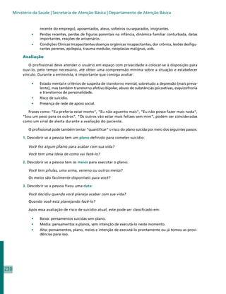 Ministério da Saúde | Secretaria de Atenção Básica | Departamento de Atenção Básica


                    recente do emprego), aposentados, ateus, solteiros ou separados, imigrantes.
               •	   P
                    	 erdas recentes, perdas de figuras parentais na infância, dinâmica familiar conturbada, datas
                    importantes, reações de aniversário.
               •	   C
                    	 ondições Clínicas Incapacitantes:doenças orgânicas incapacitantes, dor crônica, lesões desfigu-
                    rantes perenes, epilepsia, trauma medular, neoplasias malignas, aids.

           Avaliação

              O profissional deve atender o usuário em espaço com privacidade e colocar-se à disposição para
           ouvi-lo, pelo tempo necessário, até obter uma compreensão mínima sobre a situação e estabelecer
           vínculo. Durante a entrevista, é importante que consiga avaliar:

               •	   Estado mental e critérios de suspeita de transtorno mental, sobretudo a depressão (mais preva-
                    lente), mas também transtorno afetivo bipolar, abuso de substâncias psicoativas, esquizofrenia
                    e transtornos de personalidade.
               •	   Risco de suicídio.
               •	   Presença de rede de apoio social.

              Frases como: “Eu preferia estar morto”, “Eu não aguento mais”, “Eu não posso fazer mais nada”,
           “Sou um peso para os outros”, “Os outros vão estar mais felizes sem mim”, podem ser consideradas
           como um sinal de alerta durante a avaliação do paciente.

              O profissional pode também tentar “quantificar” o risco do plano suicida por meio dos seguintes passos:

           1. Descobrir se a pessoa tem um plano definido para cometer suicídio:

              Você fez algum plano para acabar com sua vida?

              Você tem uma ideia de como vai fazê-lo?

           2. Descobrir se a pessoa tem os meios para executar o plano:

              Você tem pílulas, uma arma, veneno ou outros meios?

              Os meios são facilmente disponíveis para você?

           3. Descobrir se a pessoa fixou uma data:

              Você decidiu quando você planeja acabar com sua vida?

              Quando você está planejando fazê-lo?

              Após essa avaliação de risco de suicídio atual, este pode ser classificado em:

               •	   Baixa: pensamentos suicidas sem plano.
               •	   Média: pensamentos e planos, sem intenção de executá-lo neste momento.
               •	   Alta: pensamentos, plano, meios e intenção de executá-lo prontamente ou já tomou as provi-
                    dências para isso.




230
 